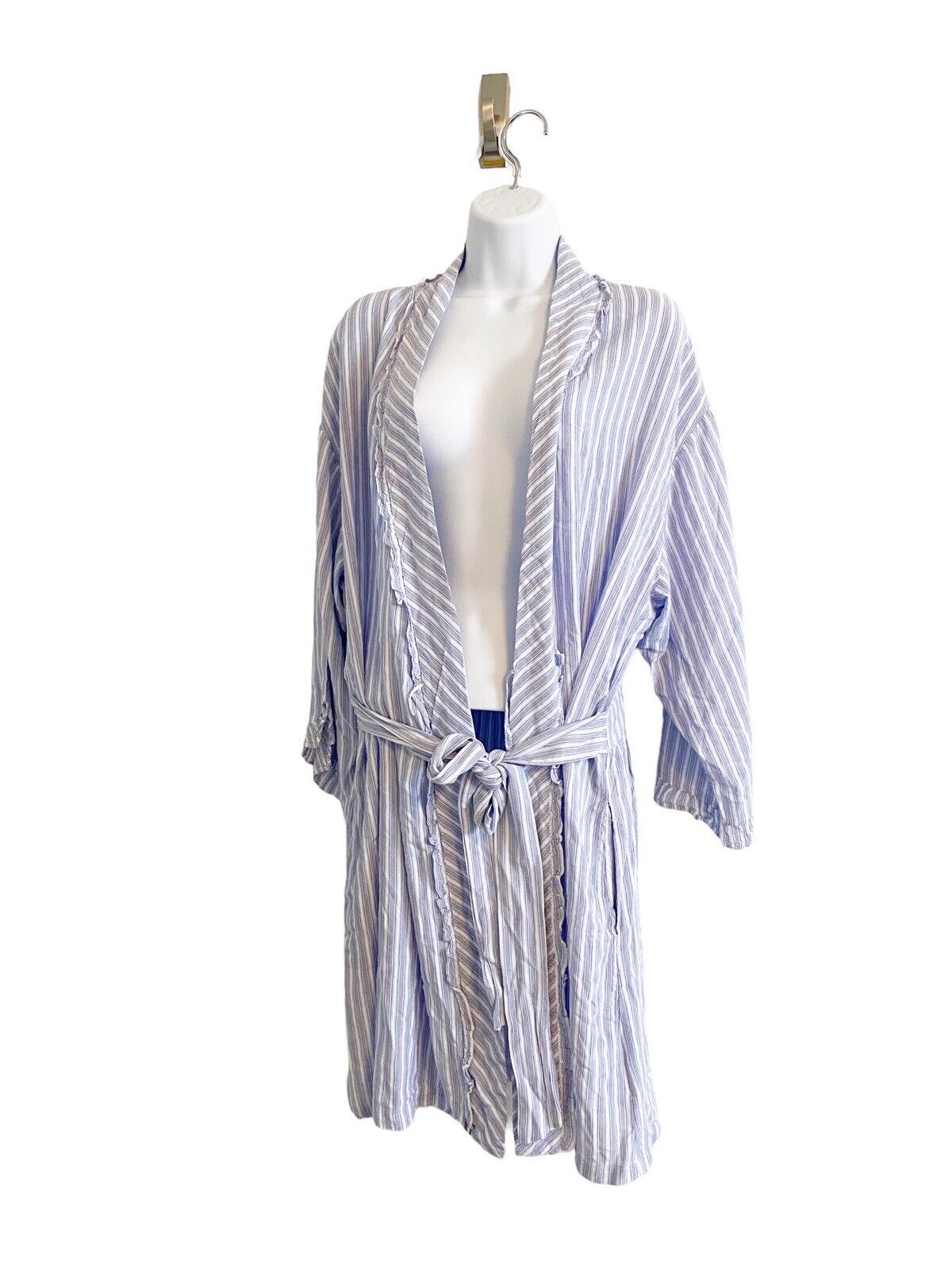 EILEEN WEST Cotton Robe Medium M Blue White Strip… - image 1