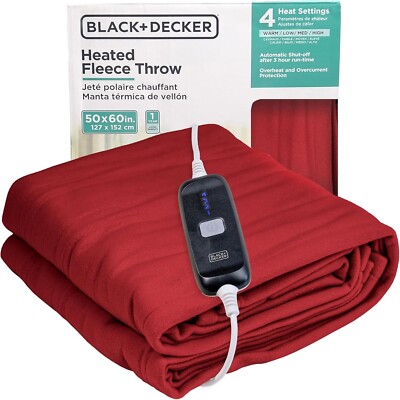BLACK+DECKER Heated Throw Blanket, 50'' x 60'', Fleece, 4 Heat Settings, 3hr Timer