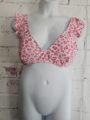 Shein Swimsuit Bikini Top Plus 4XL Ruffle Straps Plunge Lined Padded Pink Hearts