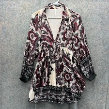 Free People Dress Women XS Floral Beige Red Long Sleeve Preppy Plunge Neckline