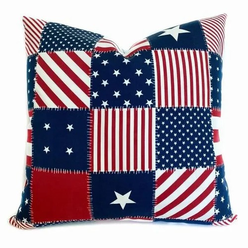 Patriotic Patchwork Pillow Cover American Flag 4th of July, Red White Blue - Picture 2 of 10
