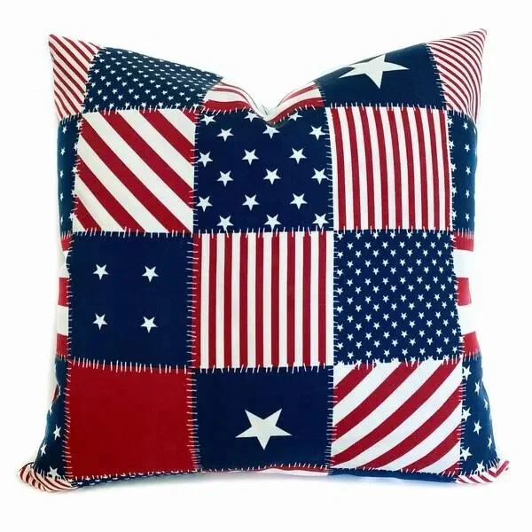 Funda Almohada Patriótica Patchwork Bandera Americana 4 de Julio, Rojo Blanco Azul Foto 2 de 4