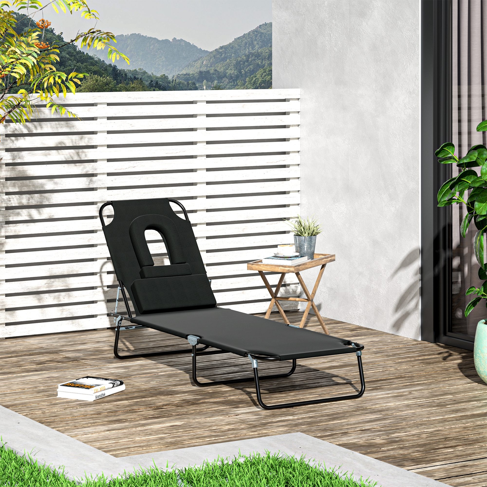 An image depicting Sun Lounger Folding Recliner Chair Portable Reclining Garden Seat Bed Black