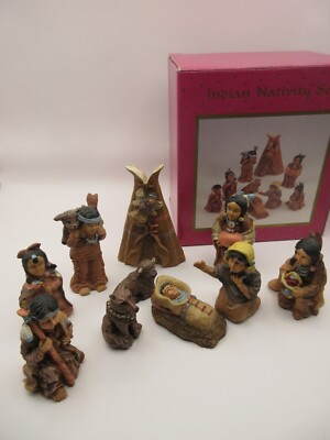 NIB NOS Vtg Native American Indian Nativity Set 10pc Teepee  Animals Pan-Orama