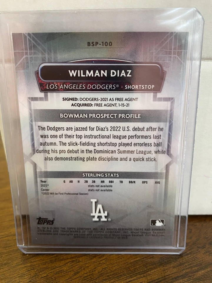 WILMAN DIAZ 2022 Bowman Sterling Prospect GOLD REFRACTOR Los Angeles Dodgers /50 - Image 2 of 2