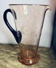 ART DECO PINK DEPRESSION GLASS PITCHER etched daisy unknown maker BLACK HANDLE