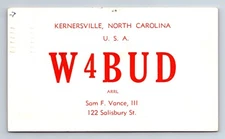 Vintage Ham Radio Amateur QSL QSO Postcard W4BUD Kernersville North Carolina '55