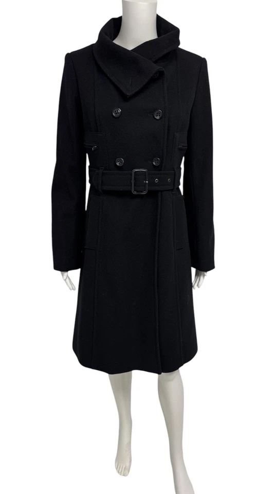 Abrigo para mujer BCBGMAXAZRIA mezcla de lana virgen negro con cinturón guisante talla S Foto 2 de 4