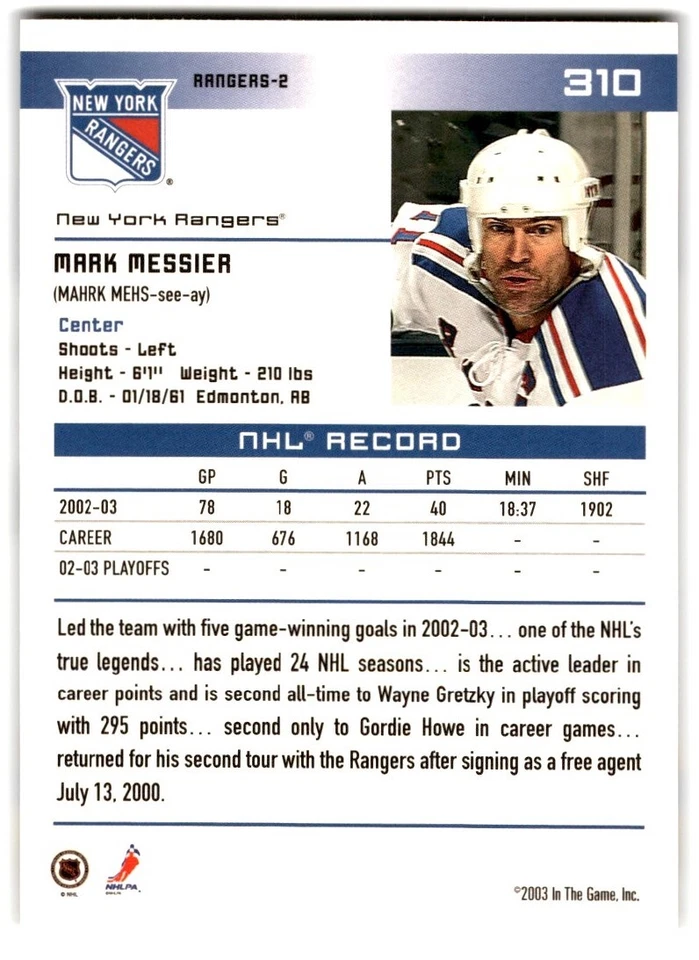 2003-04 In The Game Action Mark Messier #310 New York Rangers - Image 2 of 2