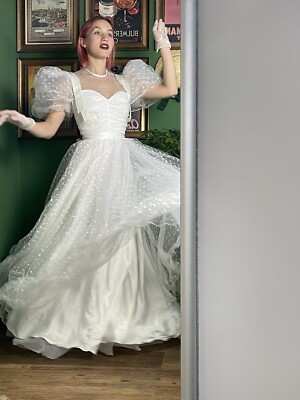 Vintage White Weeding Tulle Princess Long Dress With Puffed Sleeves 70s |  eBay