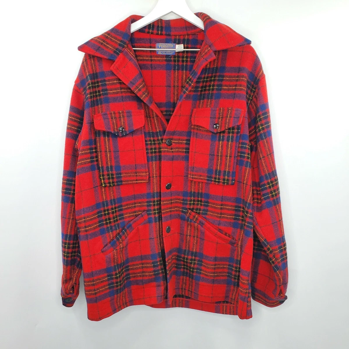 Vintage 60s Pendleton Wool Jacket Red Plaid Coat Flannel Button Up Unisex L