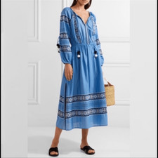 LoveShackFancy Women's Blue Isla Embroidery Boho Pompom Midi Dress size XS