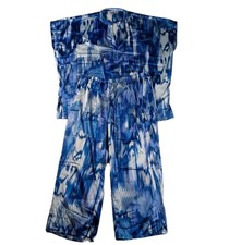 Natori Pajama Set Womens Large Blue Geisha Satin Abstract Loungewear
