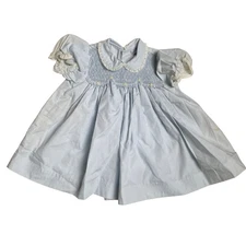 Petit Ami Smocked Dress Vintage Lace Trim Baby Blue 9 Mos
