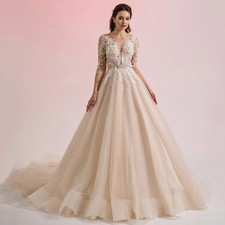 Champagne Wedding Dress with Beading Applique Illusion Long Sleeves Bride Gowns