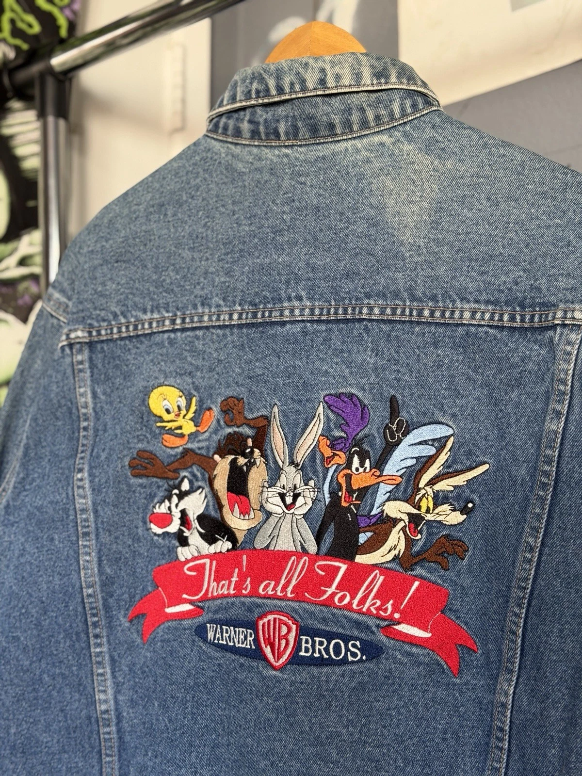Vintage 90s Looney Tunes Warner Brothers Embroidered Denim Trucker Jacket