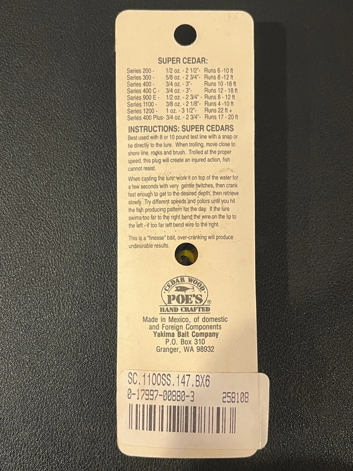 Señuelo de pesca Poe's Super Cedar serie 1100 billete ancho 2-1/8" Foto 2 de 2