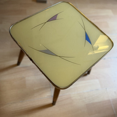 50er 60er Blumenhocker Tisch Glasplatte Creme/blau Vintage Mid Century