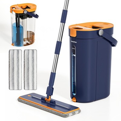 Mop and Bucket Set 3-Zone Separate Dirty and Clean Water Floor Mop with 2 Pads