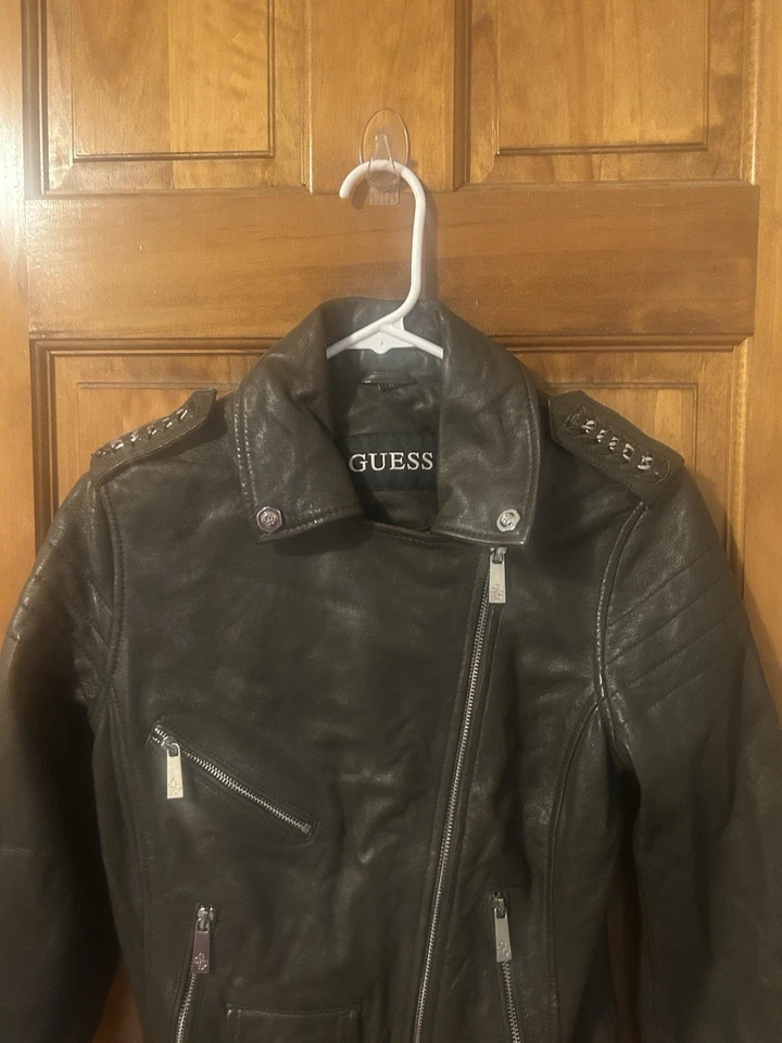 GUESS Genuine Soft Leather Moto Jacket In Military Green. Size XS - Image 2 of 4