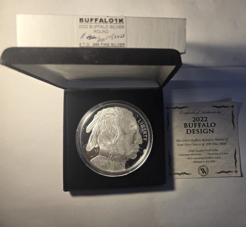 2022 BUFFALO TRIBUTE LARGE PROOF 4 TROY OUNCES .999 SILVER w/ COA+ BOX..