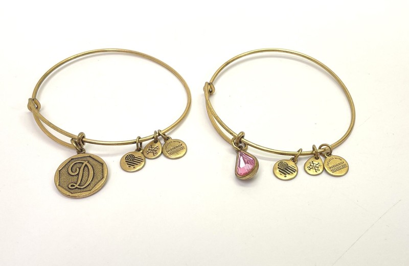 Alex & Ani Gold Tone Pink Rhinestone & D Initial Bangle Bracelets 20g