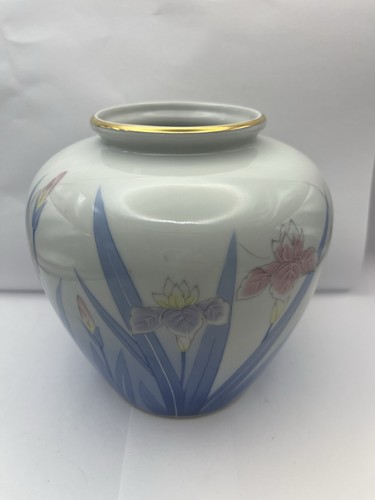Vaso tondo Otagiri Mercantile Co - foglie blu rosa e viola iris 6,25" vintage - Foto 2 di 6