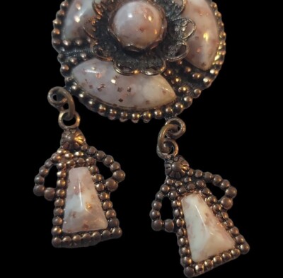 Antique Screw Back Earrings Pearl Color Stones Gold Flakes Dangling Ladies