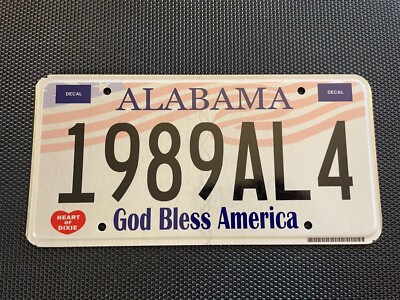 ALABAMA LICENSE PLATE HEART OF DIXIE GOD BLESS AMERICA 1989AL4 1989 AL 4