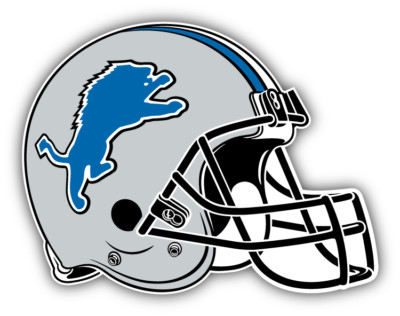 Detroit Lions helmet and logo on a football field