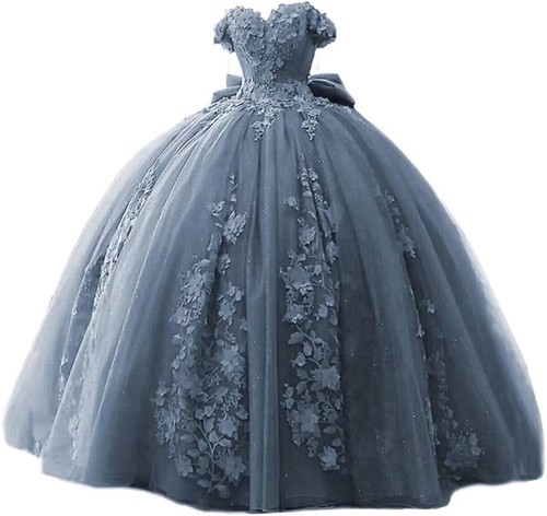 Quinceanera Lace Beaded Prom Dresses Fluffy Off Shoulder Sweet 15 16 Prom Dress - Picture 30 of 51