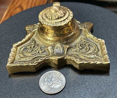 Small ANTIQUE BRASS INKWELL with Insert -  NICE PATINA 3 5/8'' x 3 1/8'' x 1  1/2''