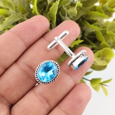 Blue Topaz Gemstone 925 Sterling Silver Handmade jewelry Cufflink Gift For Love