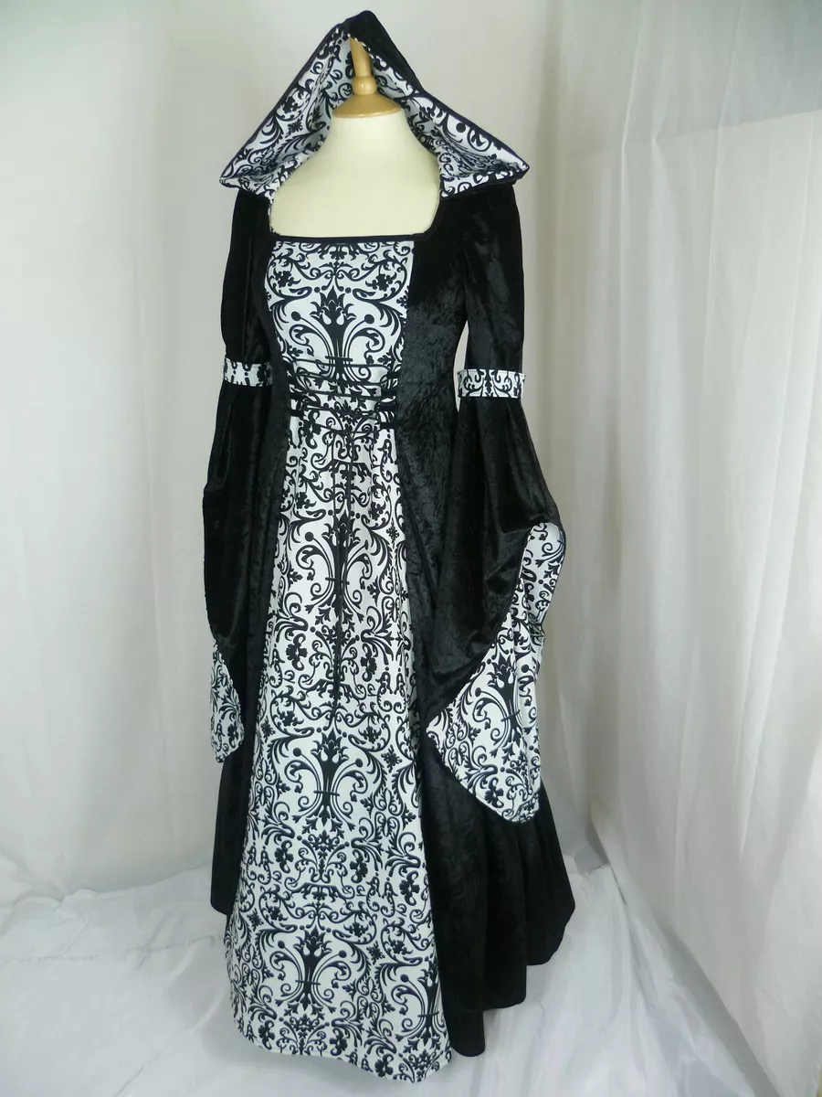 Medieval Dress Renaissance Hooded Gown Black and White Dress Custom Made to size