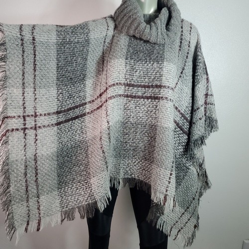 Roots Canada Poncho One Size Wool Blend Fringe Cowl Neck Cape Plaid Gray Sweater - Bild 5 von 9