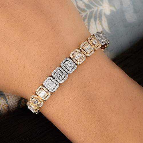 5.50 Ct Lab Grown CVD Baguette Round Diamond Charm Bracelet 14k Two Tone Gold - Picture 3 of 12