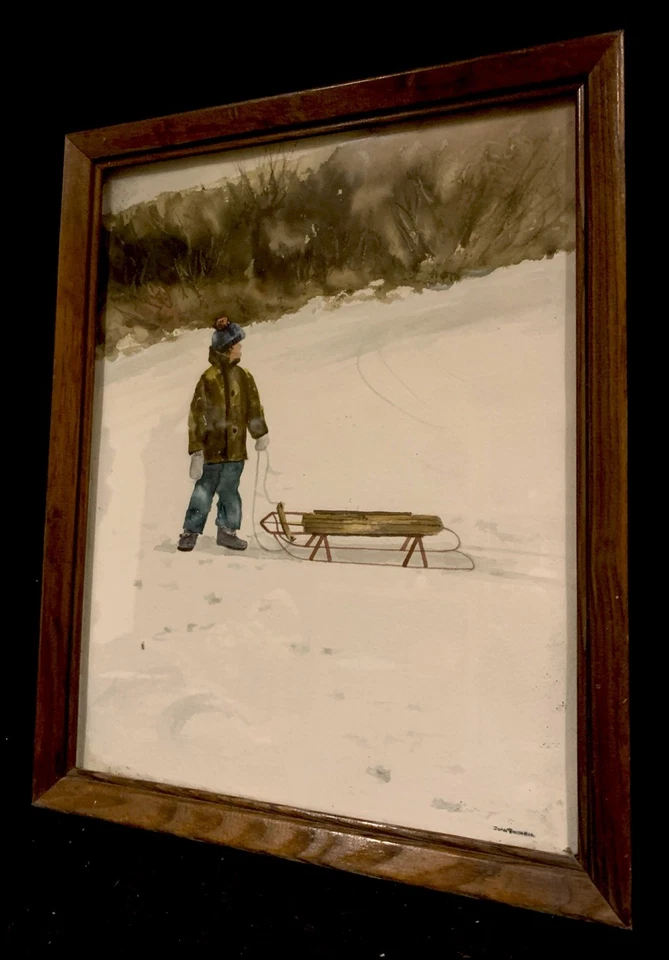 MCM PINTURA IMPRESIONISTA FIRMADA DE COLECCIÓN ESCENA DE NIEVE DE INVIERNO NIÑO TRINEO ENMARCADO Foto 2 de 4