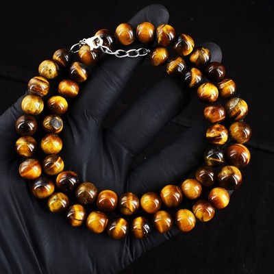 Tolle elegante Halskette 390 kt goldenes Tigerauge runde Form Perlen RK 20 E766