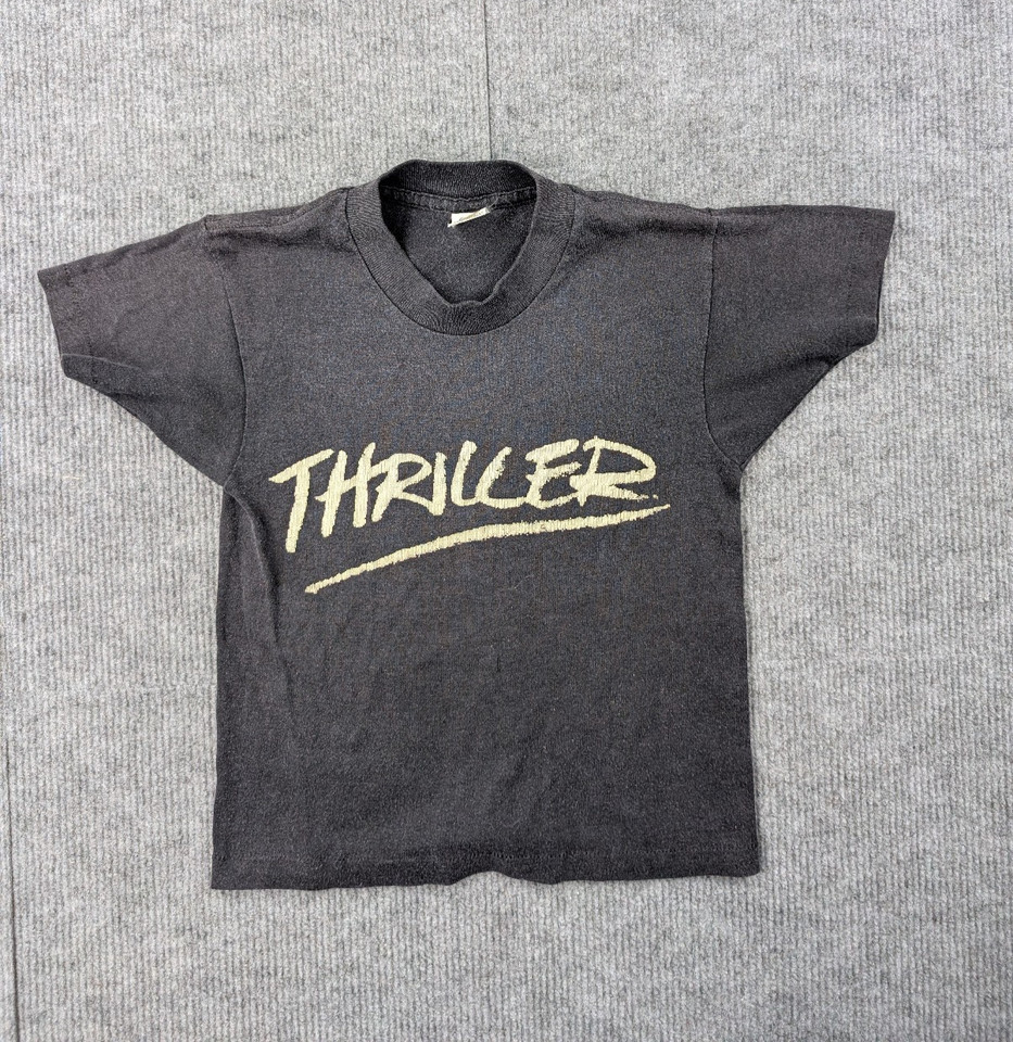 70s USA-made single-stitch Thriller-era novelty tee in kid small — a legitimately rare piece of pop-culture textile history that any MJ or vintage fashion collector would flip over.