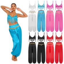 US Women Sequin Fringed Bra Top with Harem Pants Arabian Belly Dance Performance