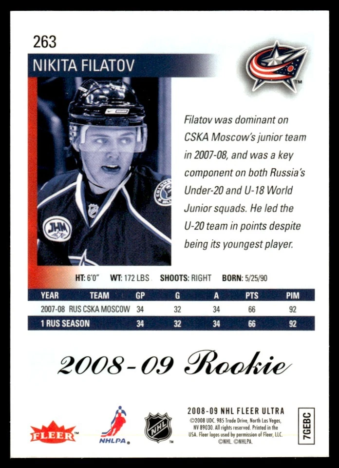 2008-09 FLEER ULTRA ROOKIE Nikita Filatov Columbus Blue Jackets #263 - Image 2 of 2