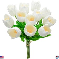 12 White Artificial Tulips Faux Flowers for Wedding Home Decor 13.5 Inch