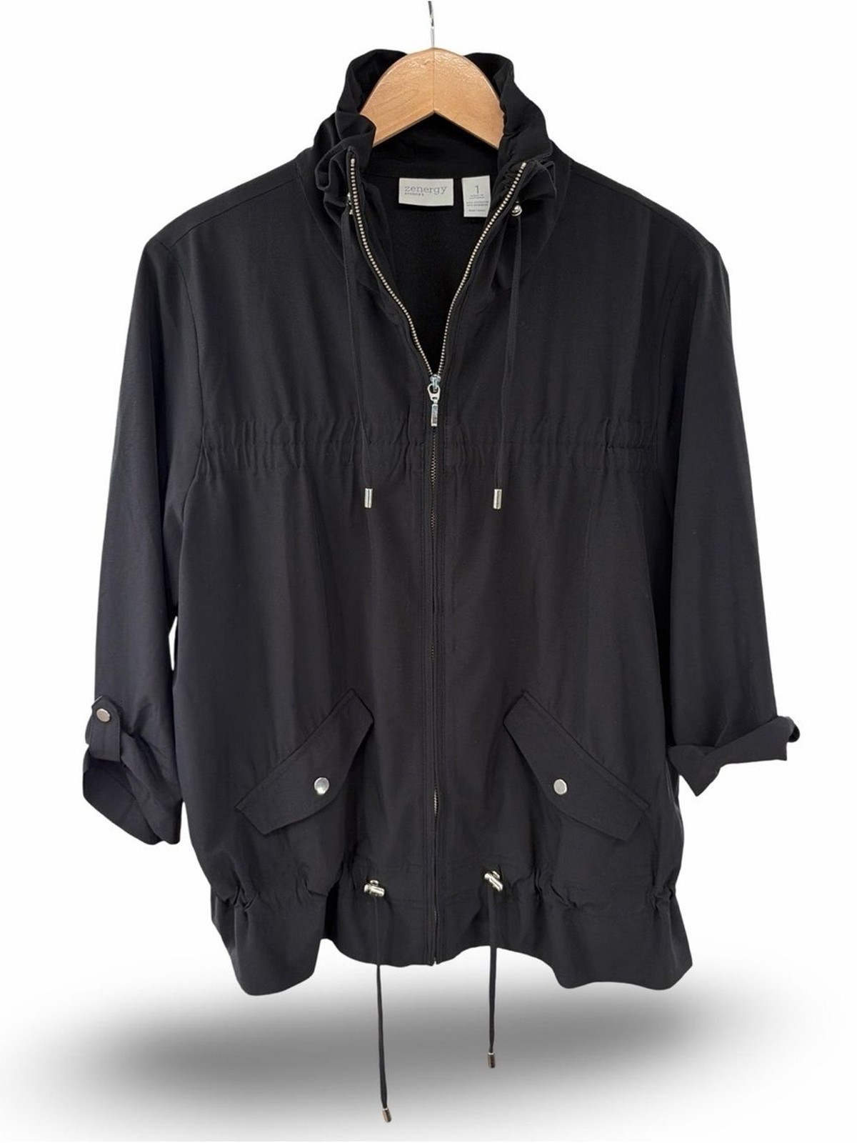 Chico’s Zenergy Black Zip-Front Drawstring Jacket Size 1 (small)