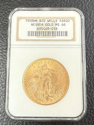 1908 $20 Saint Gaudens Gold Double Eagle Wells Fargo No Motto MS66 NGC