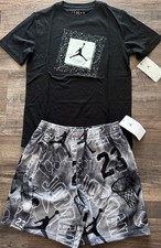 NWT Nike Jordan Boys YMD Black/White/Gray Print Mesh Shorts Set Medium
