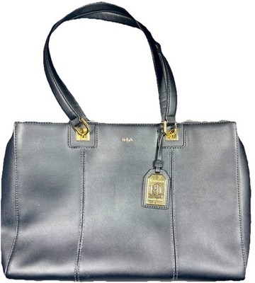 Lauren Ralph Lauren RLL Black Leather Satchel Tote Gold Hardware Zip Top Purse