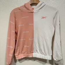 kids reebok pink  white logo hooded long sleeve sweatshirt sweater top