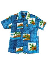 1970s Royal Islander Hawaiian Palm Tree Blue Button Up Shirt Medium / Large