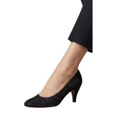 Salvatore Ferragamo Embossed Black Suede Pumps Mid Heel Almond Toe 6B
