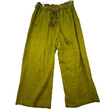 Frnch Paris Linen Blend Wide-Leg Pants Size Small Chartreuse Green Paperbag Boho